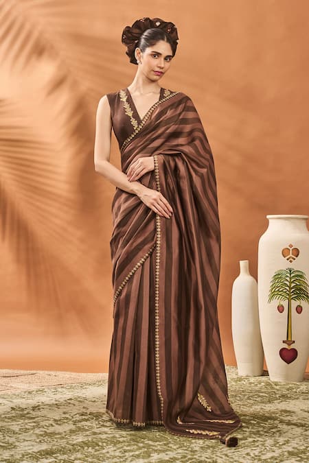 Masaba Brown Chanderi Embroidery V-neck Mocha Mosaic Saree Set Online at Aza Fashions Masaba_Brown Chanderi Embroidery V-neck Mocha Mosaic Saree Set _Online_at_Aza_Fashions