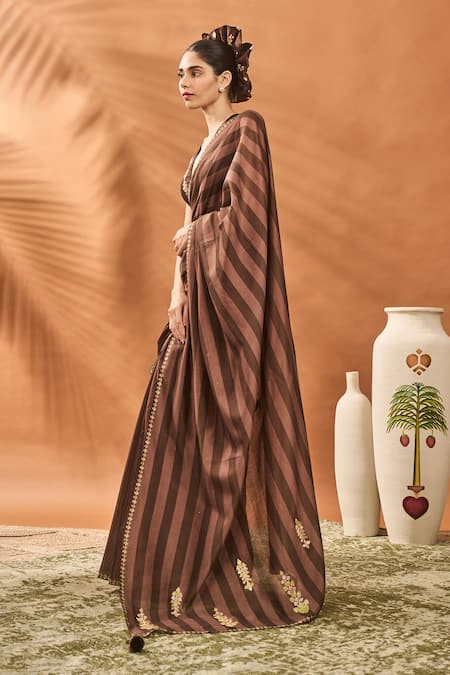 Buy Masaba Brown Chanderi Embroidery V-neck Mocha Mosaic Saree Set Online at Aza Fashions Buy_Masaba_Brown Chanderi Embroidery V-neck Mocha Mosaic Saree Set _Online_at_Aza_Fashions