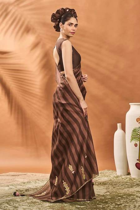 Shop Masaba Brown Chanderi Embroidery V-neck Mocha Mosaic Saree Set Online at Aza Fashions Shop_Masaba_Brown Chanderi Embroidery V-neck Mocha Mosaic Saree Set _Online_at_Aza_Fashions