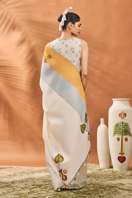Masaba Ivory Stripe Garden Grid Chanderi Saree Set 