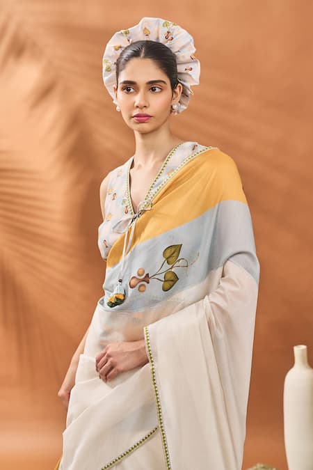 Shop Masaba Ivory Chanderi Tassels V-neck Stripe Garden Grid Saree Set Online at Aza Fashions Shop_Masaba_Ivory Chanderi Tassels V-neck Stripe Garden Grid Saree Set _Online_at_Aza_Fashions
