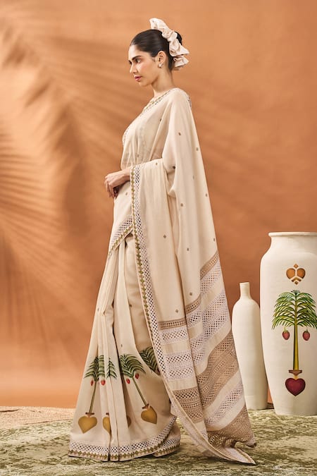 Masaba Ivory Chanderi Sequins, Embroidery Square Neck Tree Of Hearts Saree Set Online at Aza Fashions Masaba_Ivory Chanderi Sequins, Embroidery Square Neck Tree Of Hearts Saree Set _Online_at_Aza_Fashions