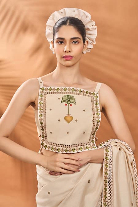 Masaba Ivory Chanderi Sequins, Embroidery Square Neck Tree Of Hearts Saree Set at Aza Fashions Masaba_Ivory Chanderi Sequins, Embroidery Square Neck Tree Of Hearts Saree Set _at_Aza_Fashions