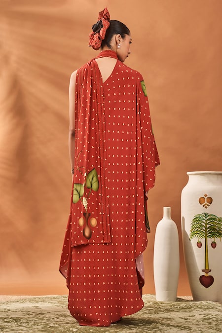 Shop Masaba Red Crepe, Silk Asymmetric Meadow Printed Kurta Set at Aza Fashions Shop_Masaba_Red Crepe, Silk Asymmetric Meadow Printed Kurta Set _at_Aza_Fashions