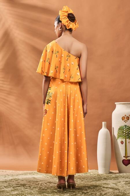 Shop_Masaba_Yellow Silk Embroidery One Shoulder Spade Blossom Skirt Set _at_Aza_Fashions