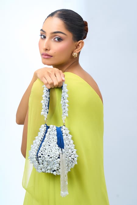 Nazaakat By Samara Singh Blue Velvet Embellished Potli Bag 