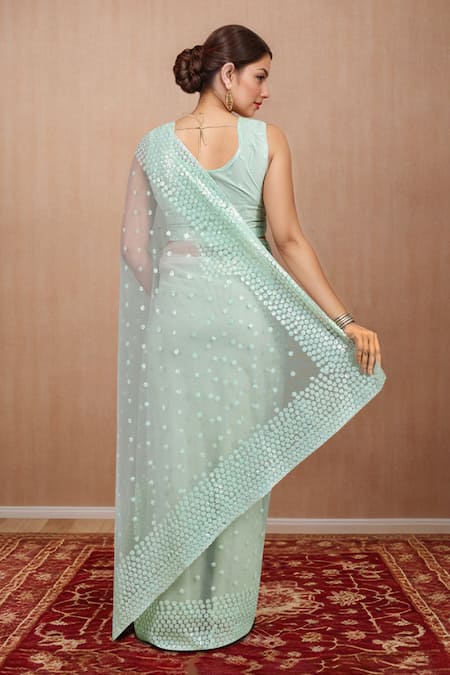 Shop_Samyukta Singhania_Green Net Sequins Round Neck Work Saree Set _at_Aza_Fashions
