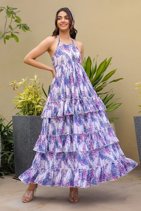 Buy B'Infinite Blue Georgette Halter Neck Floral Print Maxi Dress Buy_B'Infinite_Blue Georgette Halter Neck Floral Print Maxi Dress