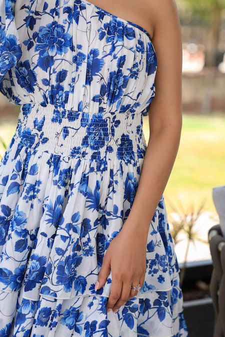 B'Infinite_White Georgette One Shoulder Floral Print Dress _Online_at_Aza_Fashions