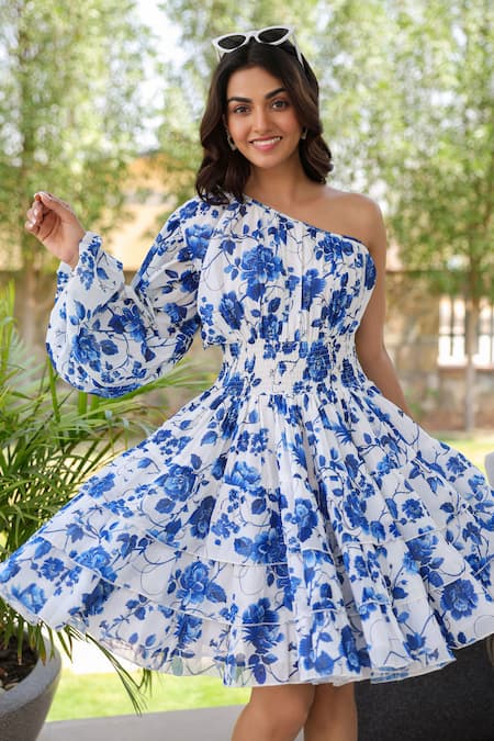 Buy_B'Infinite_White Georgette One Shoulder Floral Print Dress 