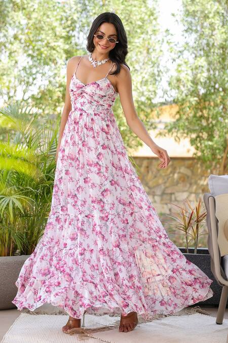 Shop B'Infinite Pink Chiffon Scoop Neck Floral Maxi Dress Online at Aza Fashions Shop_B'Infinite_Pink Chiffon Scoop Neck Floral Maxi Dress _Online_at_Aza_Fashions