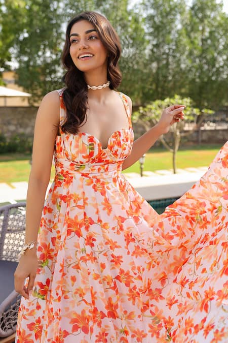 Shop B'Infinite Orange Georgette Sweetheart Neck Floral Maxi Dress Online at Aza Fashions Shop_B'Infinite_Orange Georgette Sweetheart Neck Floral Maxi Dress _Online_at_Aza_Fashions