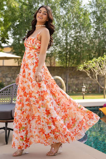 B'Infinite Orange Georgette Sweetheart Neck Floral Maxi Dress at Aza Fashions B'Infinite_Orange Georgette Sweetheart Neck Floral Maxi Dress _at_Aza_Fashions