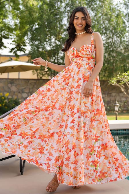 Shop B'Infinite Orange Georgette Sweetheart Neck Floral Maxi Dress Shop_B'Infinite_Orange Georgette Sweetheart Neck Floral Maxi Dress
