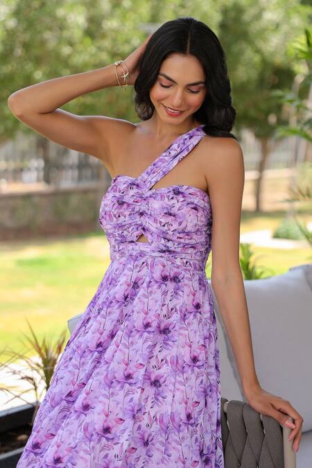 B'Infinite Purple Georgette One Shoulder Floral Print Maxi Dress Online at Aza Fashions B'Infinite_Purple Georgette One Shoulder Floral Print Maxi Dress _Online_at_Aza_Fashions