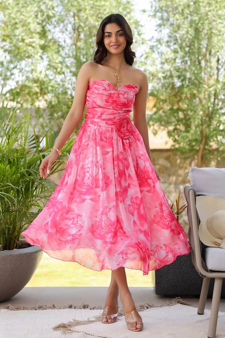 Shop B'Infinite Pink Organza Sweetheart Neck Floral Midi Dress at Aza Fashions Shop_B'Infinite_Pink Organza Sweetheart Neck Floral Midi Dress _at_Aza_Fashions
