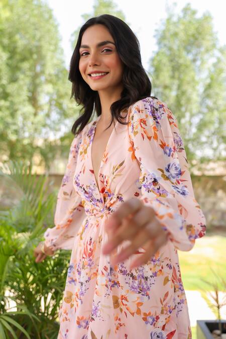 B'Infinite Pink Georgette V-neck Floral Tiered Maxi Dress Online at Aza Fashions B'Infinite_Pink Georgette V-neck Floral Tiered Maxi Dress _Online_at_Aza_Fashions