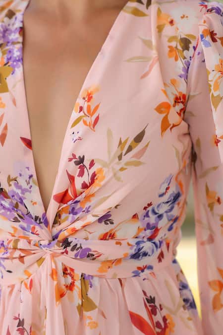 Buy B'Infinite Pink Georgette V-neck Floral Tiered Maxi Dress Online at Aza Fashions Buy_B'Infinite_Pink Georgette V-neck Floral Tiered Maxi Dress _Online_at_Aza_Fashions