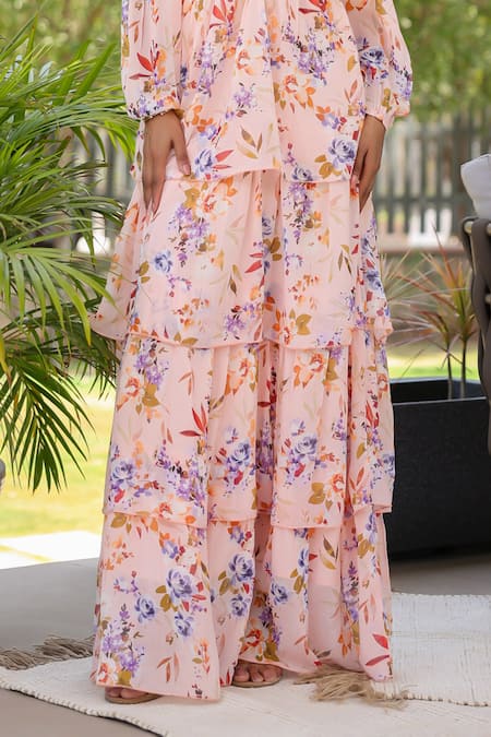 Shop B'Infinite Pink Georgette V-neck Floral Tiered Maxi Dress Online at Aza Fashions Shop_B'Infinite_Pink Georgette V-neck Floral Tiered Maxi Dress _Online_at_Aza_Fashions
