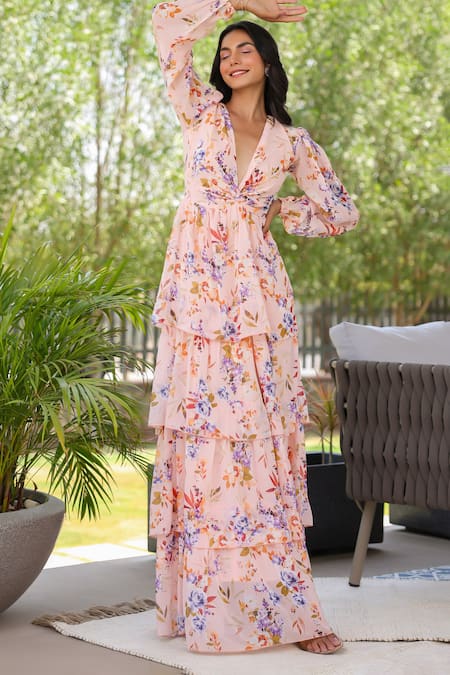 Shop B'Infinite Pink Georgette V-neck Floral Tiered Maxi Dress Shop_B'Infinite_Pink Georgette V-neck Floral Tiered Maxi Dress