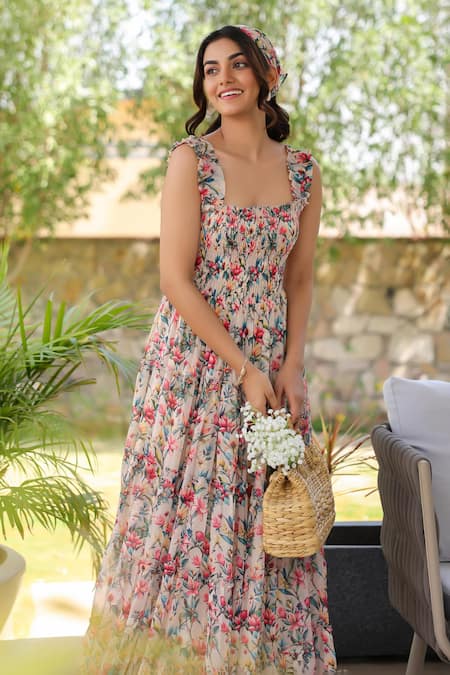 Buy B'Infinite Pink Chiffon Square Neck Floral Print Maxi Dress Online at Aza Fashions Buy_B'Infinite_Pink Chiffon Square Neck Floral Print Maxi Dress _Online_at_Aza_Fashions