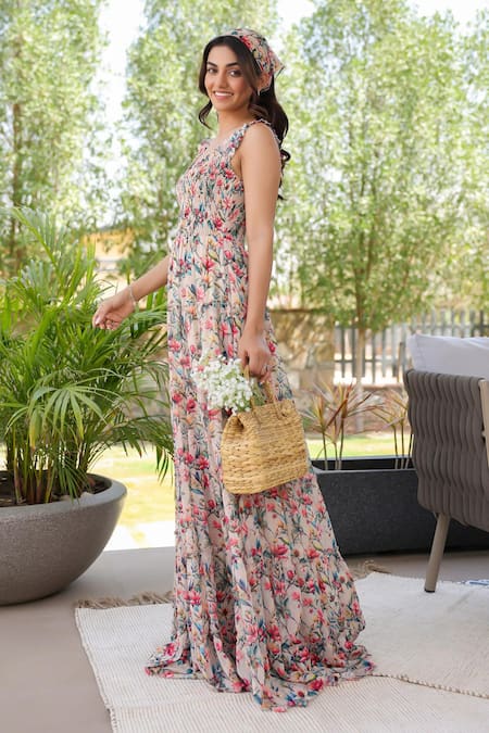 Shop B'Infinite Pink Chiffon Square Neck Floral Print Maxi Dress Online at Aza Fashions Shop_B'Infinite_Pink Chiffon Square Neck Floral Print Maxi Dress _Online_at_Aza_Fashions