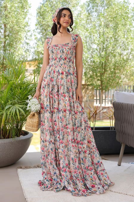 B'Infinite Pink Chiffon Square Neck Floral Print Maxi Dress at Aza Fashions B'Infinite_Pink Chiffon Square Neck Floral Print Maxi Dress _at_Aza_Fashions