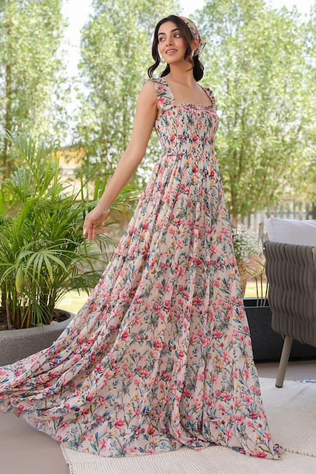 Buy B'Infinite Pink Chiffon Square Neck Floral Print Maxi Dress Buy_B'Infinite_Pink Chiffon Square Neck Floral Print Maxi Dress