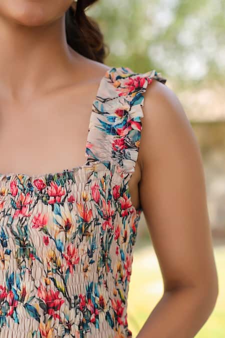 Shop B'Infinite Pink Chiffon Square Neck Floral Print Maxi Dress Shop_B'Infinite_Pink Chiffon Square Neck Floral Print Maxi Dress