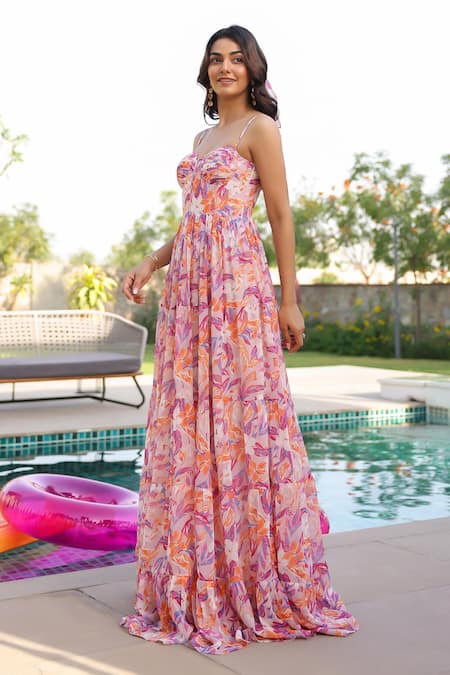 Buy B'Infinite Orange Georgette Sweetheart Neck Floral Print Maxi Dress Online at Aza Fashions Buy_B'Infinite_Orange Georgette Sweetheart Neck Floral Print Maxi Dress _Online_at_Aza_Fashions