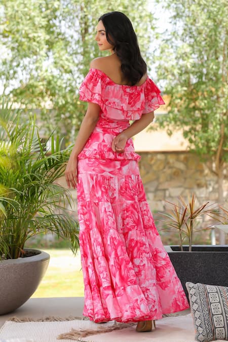 Shop B'Infinite Pink Ruffles Off-shoulder Floral Maxi Dress at Aza Fashions Shop_B'Infinite_Pink Ruffles Off-shoulder Floral Maxi Dress _at_Aza_Fashions