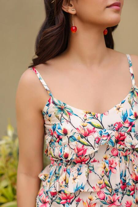 B'Infinite_Pink Crepe Floral Ruffled Midi Dress _Online_at_Aza_Fashions