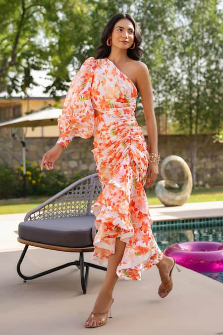 Shop B'Infinite Orange Organza Ruffles One Shoulder Floral Midi Dress Online at Aza Fashions Shop_B'Infinite_Orange Organza Ruffles One Shoulder Floral Midi Dress _Online_at_Aza_Fashions