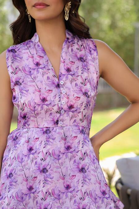 Buy_B'Infinite_Purple Organza Collared Floral Tiered Dress _Online_at_Aza_Fashions