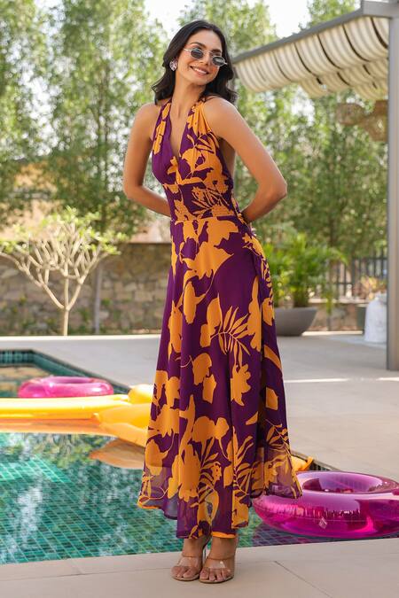 Shop_B'Infinite_Purple Georgette Halter Neck Floral Print Maxi Dress 