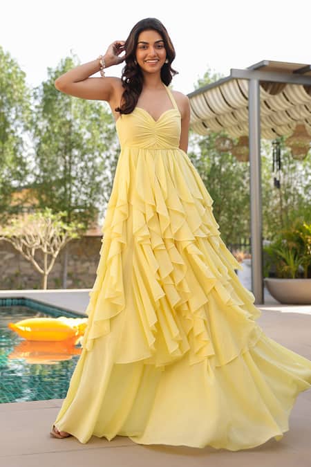 Buy B'Infinite Yellow Georgette Ruffles Halter Neck Layered Maxi Dress Online at Aza Fashions Buy_B'Infinite_Yellow Georgette Ruffles Halter Neck Layered Maxi Dress _Online_at_Aza_Fashions