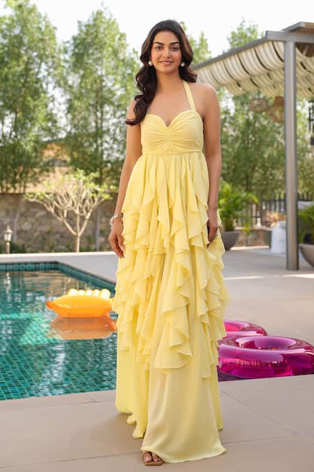 B'Infinite Yellow Georgette Ruffles Halter Neck Layered Maxi Dress at Aza Fashions B'Infinite_Yellow Georgette Ruffles Halter Neck Layered Maxi Dress _at_Aza_Fashions