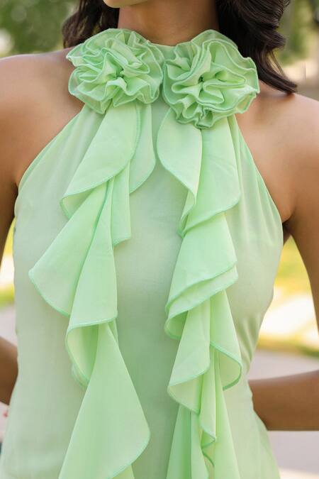 B'Infinite_Green Georgette Halter Neck Ruffled Dress _Online_at_Aza_Fashions