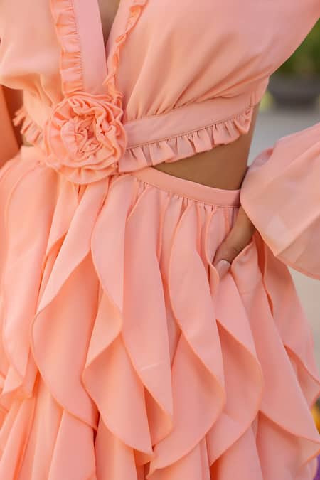 Shop B'Infinite Peach Georgette Ruffles V-neck Dress Online at Aza Fashions Shop_B'Infinite_Peach Georgette Ruffles V-neck Dress _Online_at_Aza_Fashions