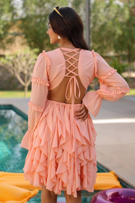 Shop B'Infinite Peach Georgette Ruffles V-neck Dress at Aza Fashions Shop_B'Infinite_Peach Georgette Ruffles V-neck Dress _at_Aza_Fashions