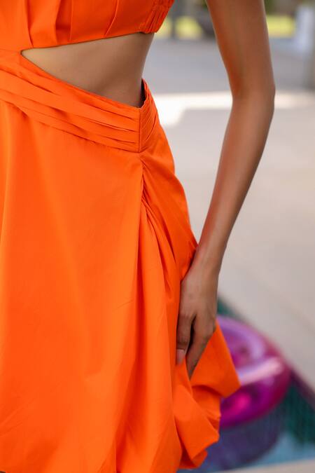 B'Infinite Orange Cotton Asymmetric One Shoulder Cutout Dress Online at Aza Fashions B'Infinite_Orange Cotton Asymmetric One Shoulder Cutout Dress _Online_at_Aza_Fashions