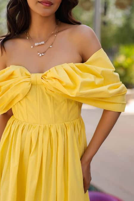 B'Infinite_Yellow Cotton Off-shoulder Maxi Dress _Online_at_Aza_Fashions