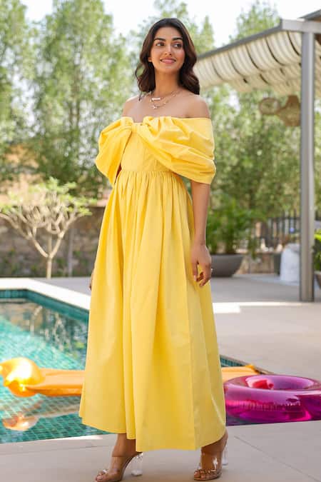 Shop_B'Infinite_Yellow Cotton Off-shoulder Maxi Dress _Online_at_Aza_Fashions