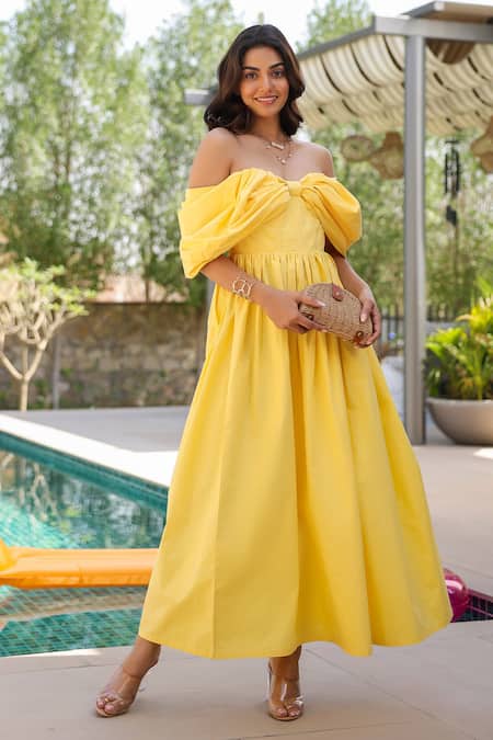 B'Infinite_Yellow Cotton Off-shoulder Maxi Dress _at_Aza_Fashions