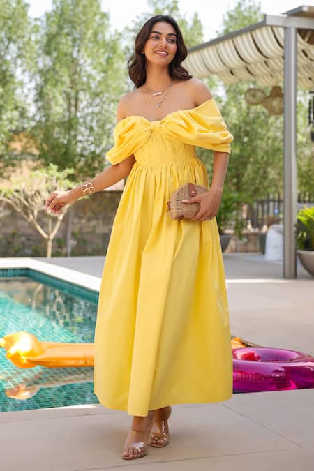 Buy_B'Infinite_Yellow Cotton Off-shoulder Maxi Dress 