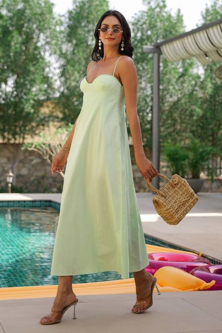 Buy B'Infinite Green Cotton Sweetheart Neck Midi Dress Buy_B'Infinite_Green Cotton Sweetheart Neck Midi Dress