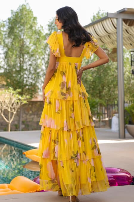 Shop B'Infinite Yellow Net V-neck Floral Tiered Maxi Dress at Aza Fashions Shop_B'Infinite_Yellow Net V-neck Floral Tiered Maxi Dress _at_Aza_Fashions