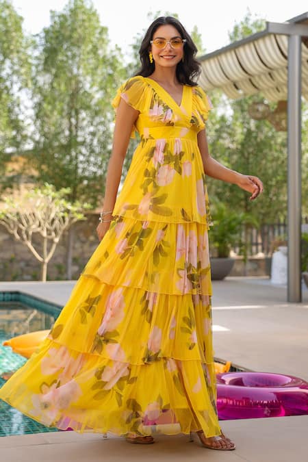 B'Infinite Yellow Net V-neck Floral Tiered Maxi Dress Online at Aza Fashions B'Infinite_Yellow Net V-neck Floral Tiered Maxi Dress _Online_at_Aza_Fashions