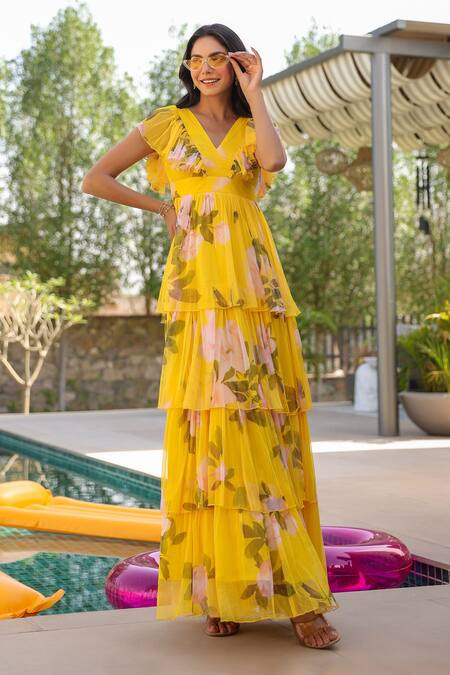 Shop B'Infinite Yellow Net V-neck Floral Tiered Maxi Dress Online at Aza Fashions Shop_B'Infinite_Yellow Net V-neck Floral Tiered Maxi Dress _Online_at_Aza_Fashions