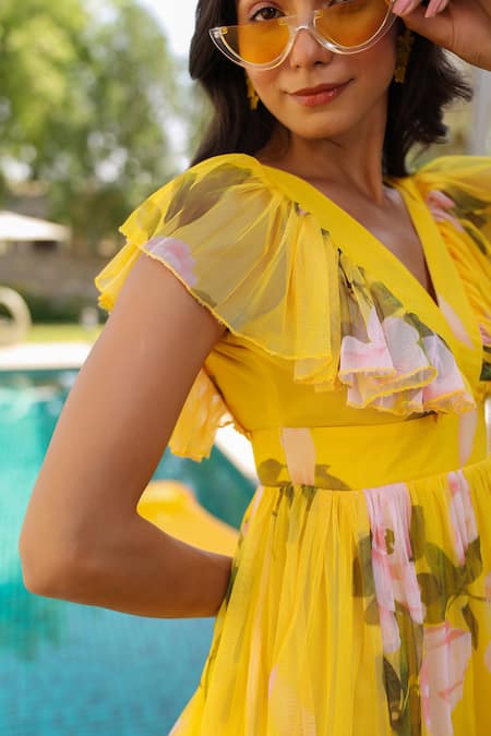 B'Infinite Yellow Net V-neck Floral Tiered Maxi Dress at Aza Fashions B'Infinite_Yellow Net V-neck Floral Tiered Maxi Dress _at_Aza_Fashions